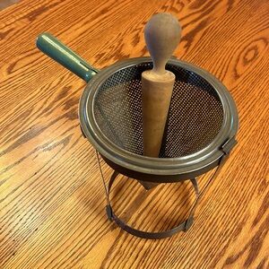 Vintage 1930s Canning Strainer Sieve w/ Wooden Pestle & Metal Stand